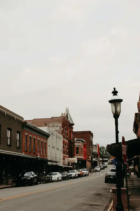 Historic downtown storefronts along a small-town main street